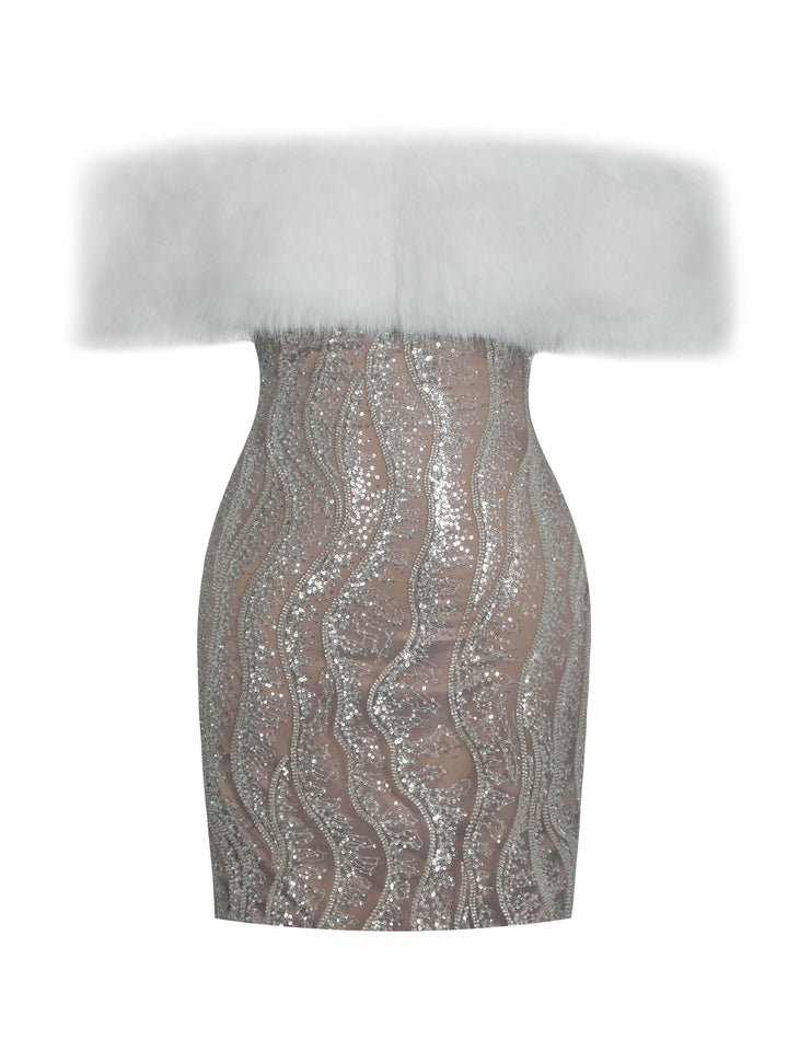 Averie White Fur Off-Shoulder Beige Sequin Mini Dress