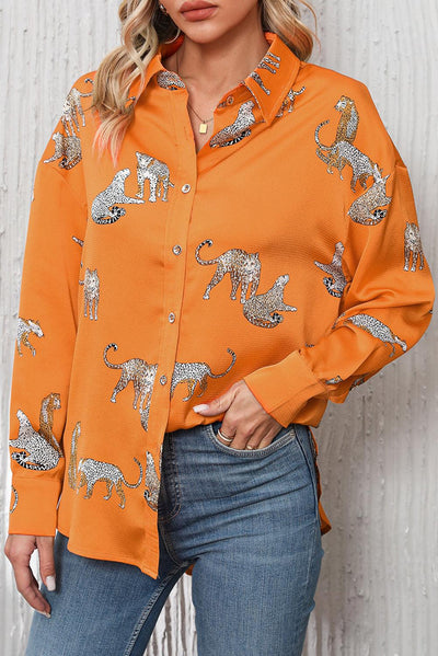 Russet Orange Cheetah Animal Print Button Up Satin Shirt