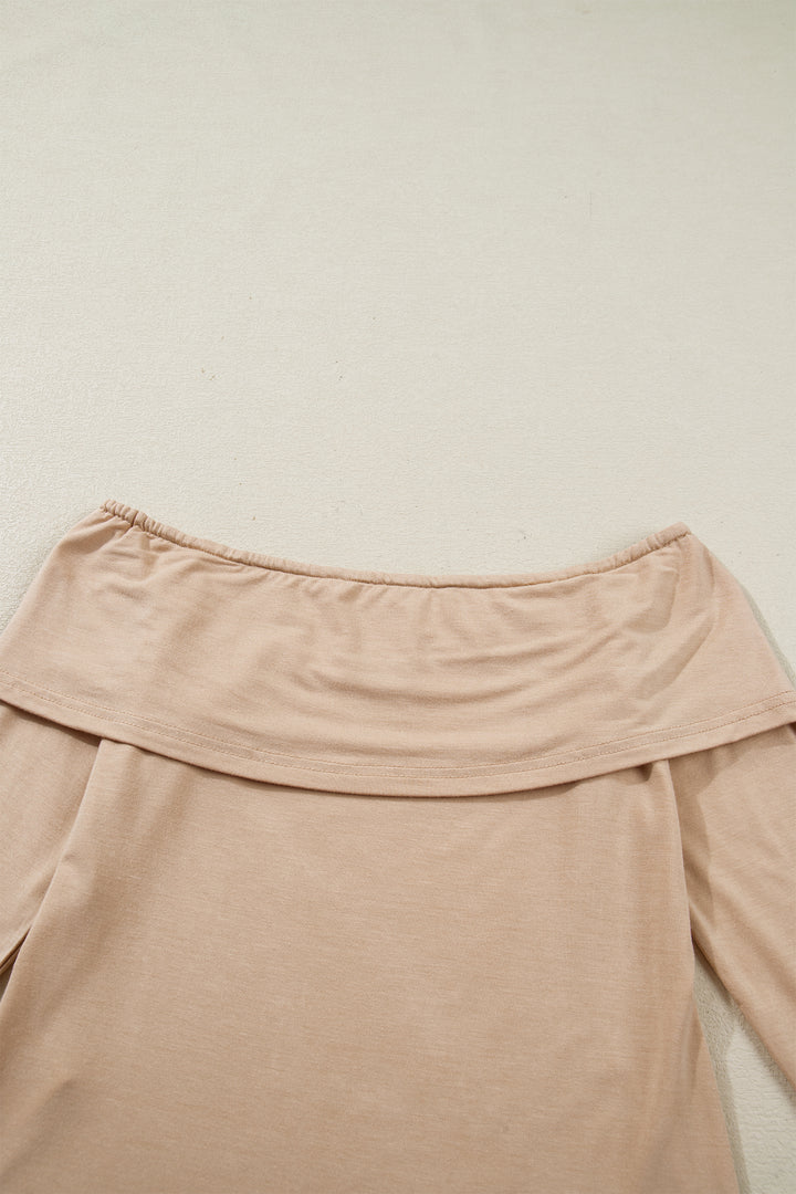 Smoke Gray Foldover Off Shoulder Long Sleeve Slim Top