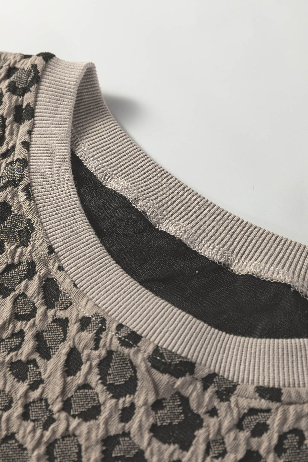 Khaki Textured Leopard Print Crew Neck Short Sleeve Top