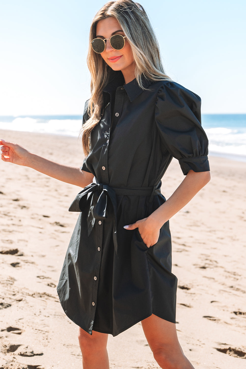 Malaya Button Up Tie Waist Puff Sleeve Mini Dress