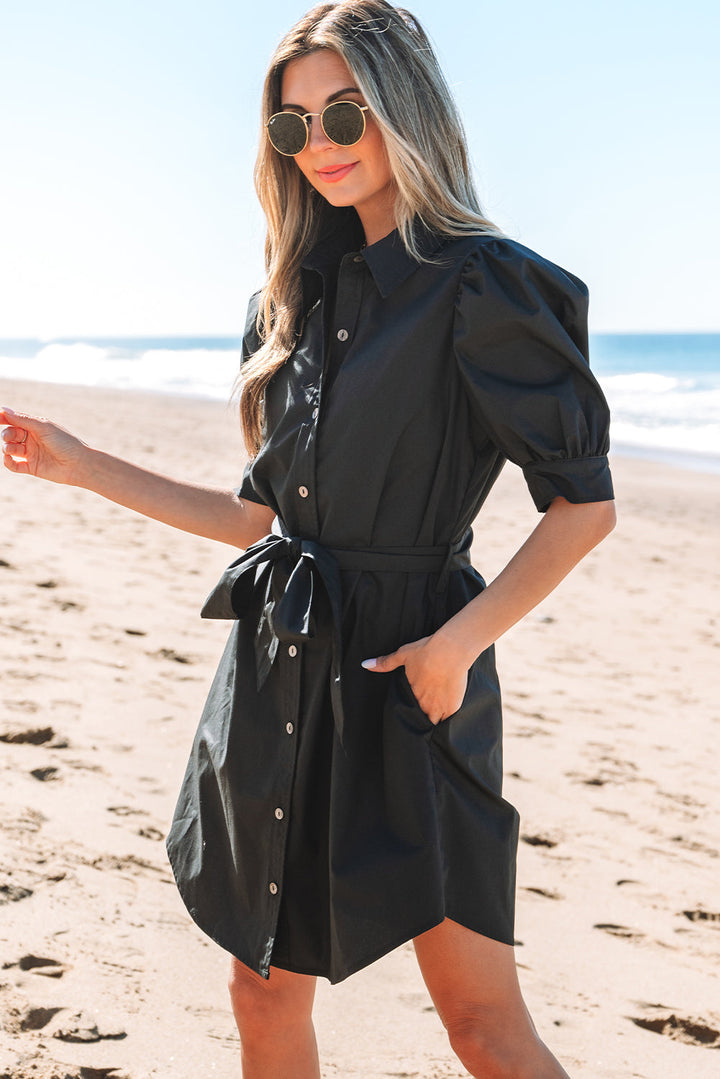 Malaya Button Up Tie Waist Puff Sleeve Mini Dress
