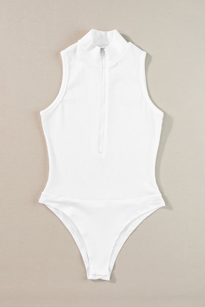 White Zip up Mock Neck Ribbed Sleeveless Bodysuit