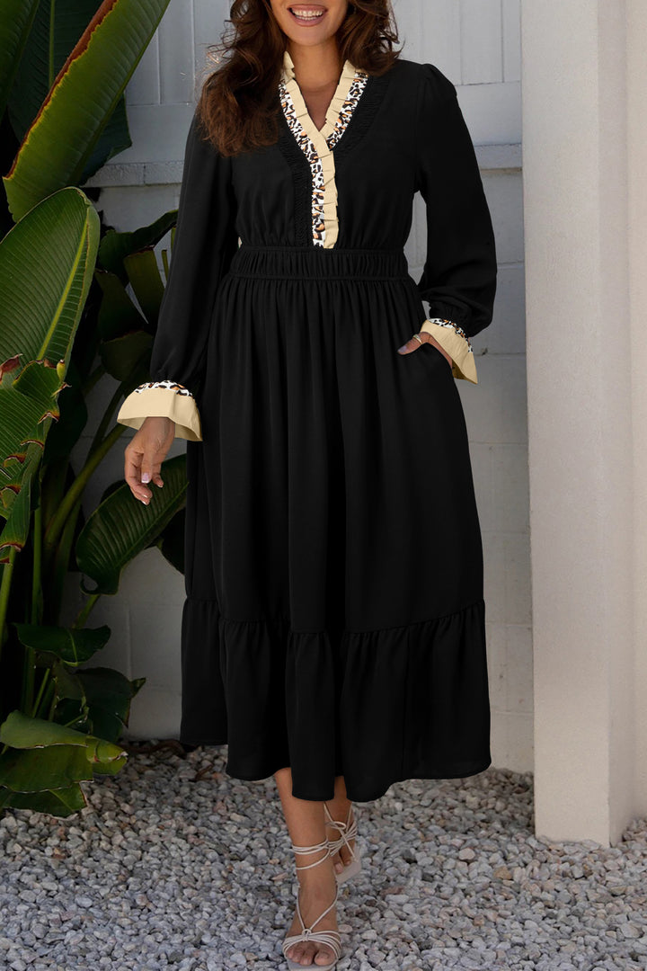 Black Contrast Leopard Frilled Trim V Neck Bracelet Sleeve Midi Dress