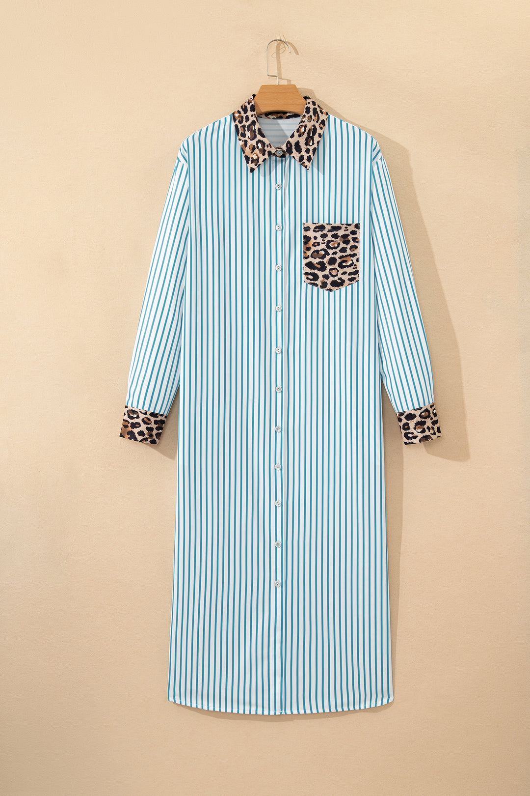 Sky Blue Stripe Contrast Leopard Patchwork Long Shirt Dress with Slits