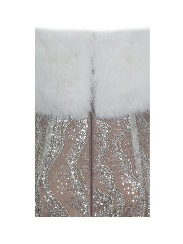 Averie White Fur Off-Shoulder Beige Sequin Mini Dress