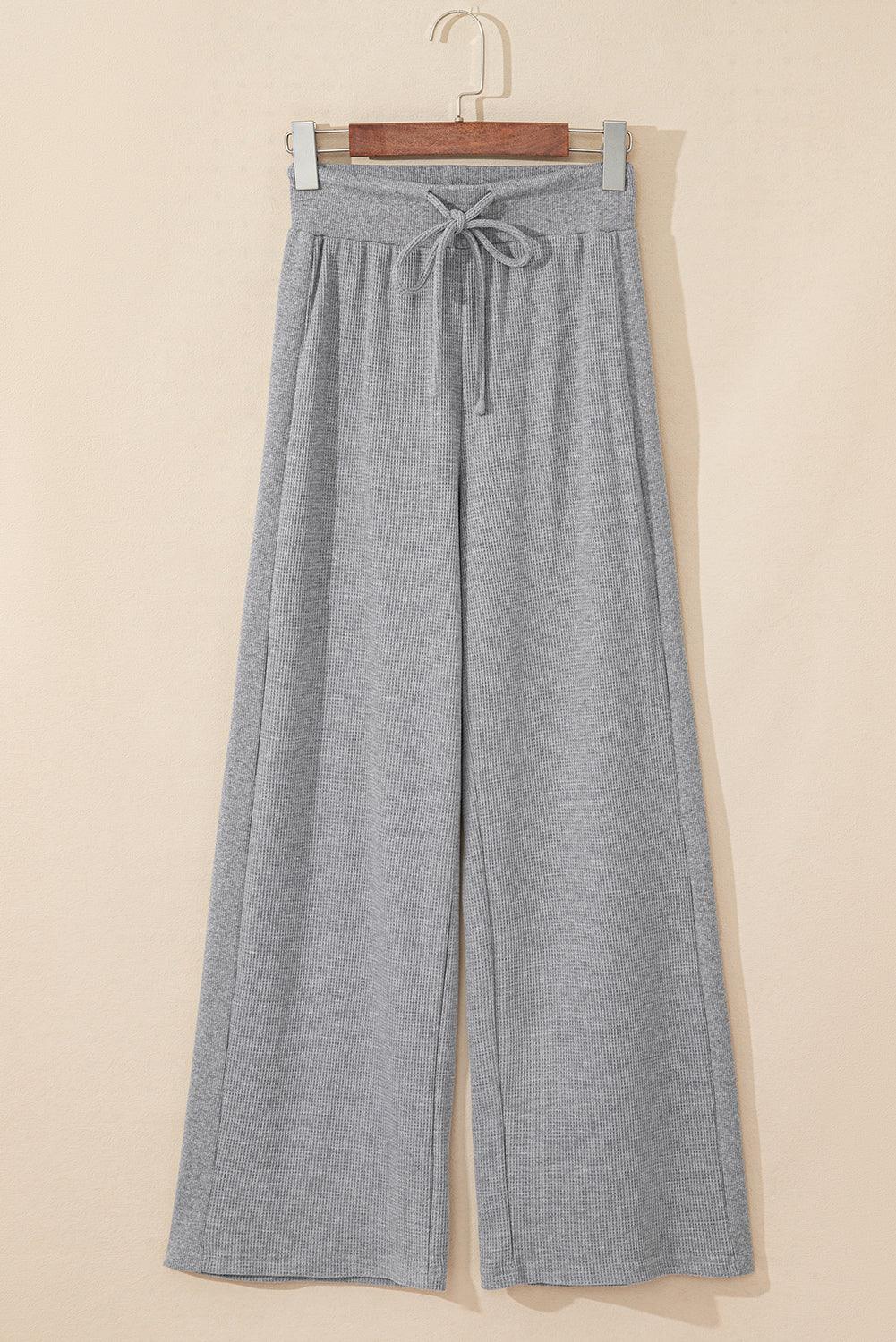 Gray Waffle Knit Drawstring High Waist Wide Leg Pants