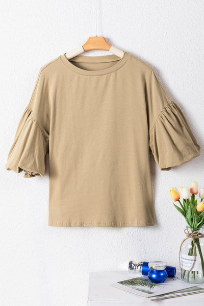 Light French Beige Solid Color Lantern Sleeve Drop Shoulder Blouse