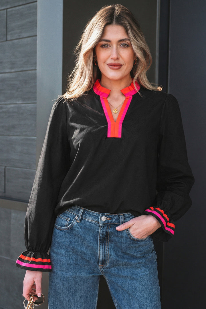 Black Striped Trim Ruffle Split Neck Long Sleeve Blouse
