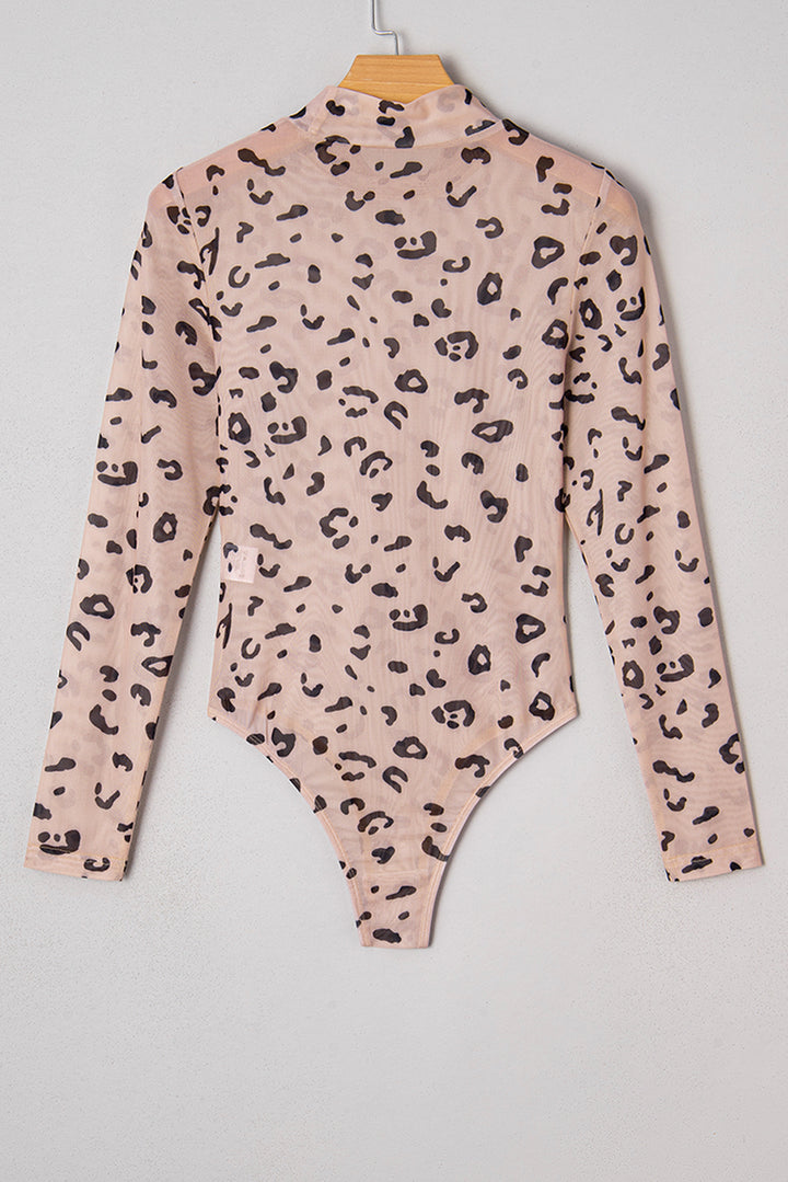 Khaki Mock Neck Sheer Mesh Leopard Long Sleeve Bodysuit
