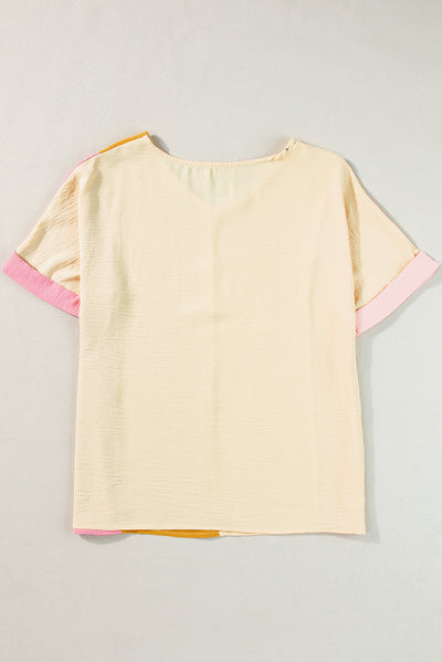 Apricot Crinkled Colorblock Patchwork V Neck T Shirt