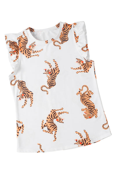 White Tiger Print Flutter Sleeve Crew Neck Blouse