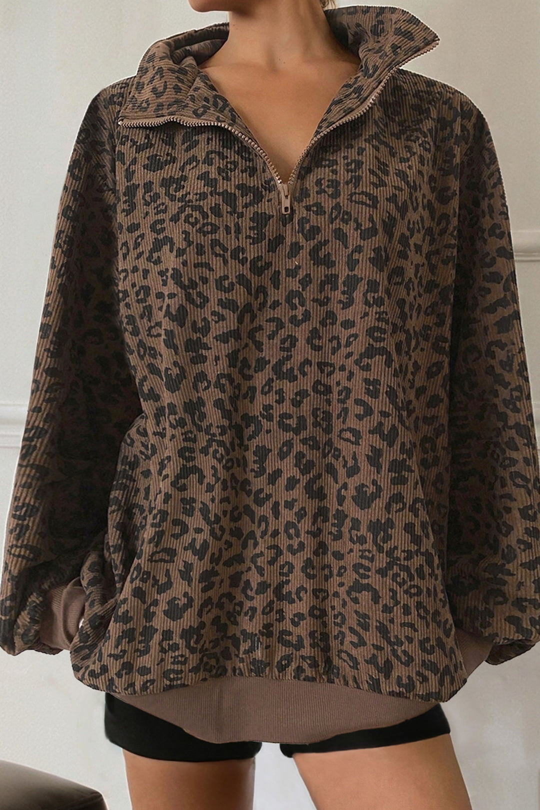 Brown Leopard Print Quarter Zip Corduroy Sweatshirt
