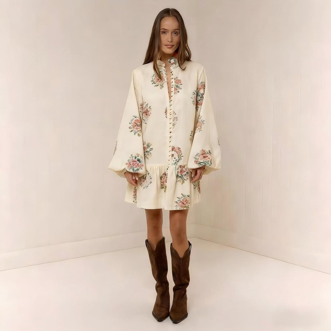 Digital Print Lantern Sleeve Linen Midi Dress – Loose Fit Pullover