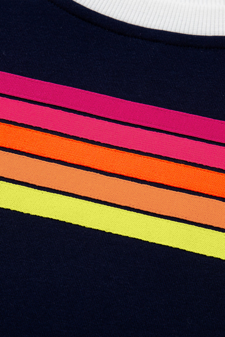 Bluing Colorful Striped Accent Varsity Long Sleeve Pullover and Shorts Matching Set