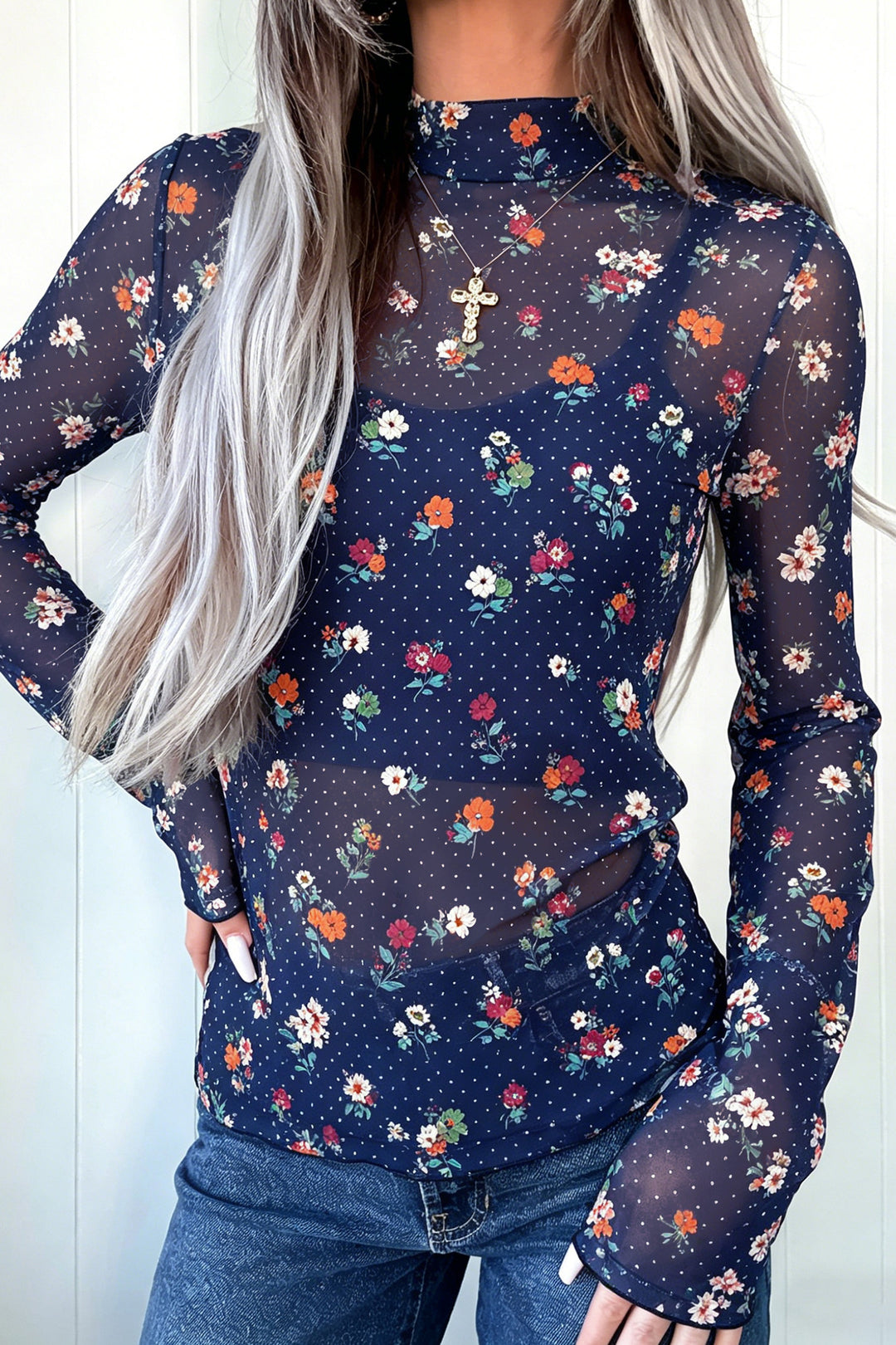 Blue Polka Dot Floral Mesh Long Sleeve High Neck Pullover Sheath Top