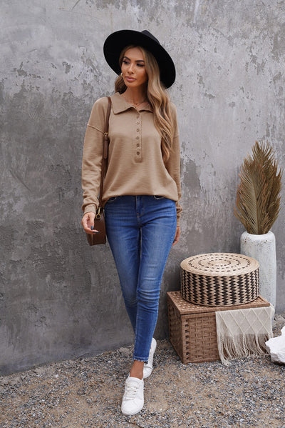 Khaki Button Front Turn-down Neck Knit Top