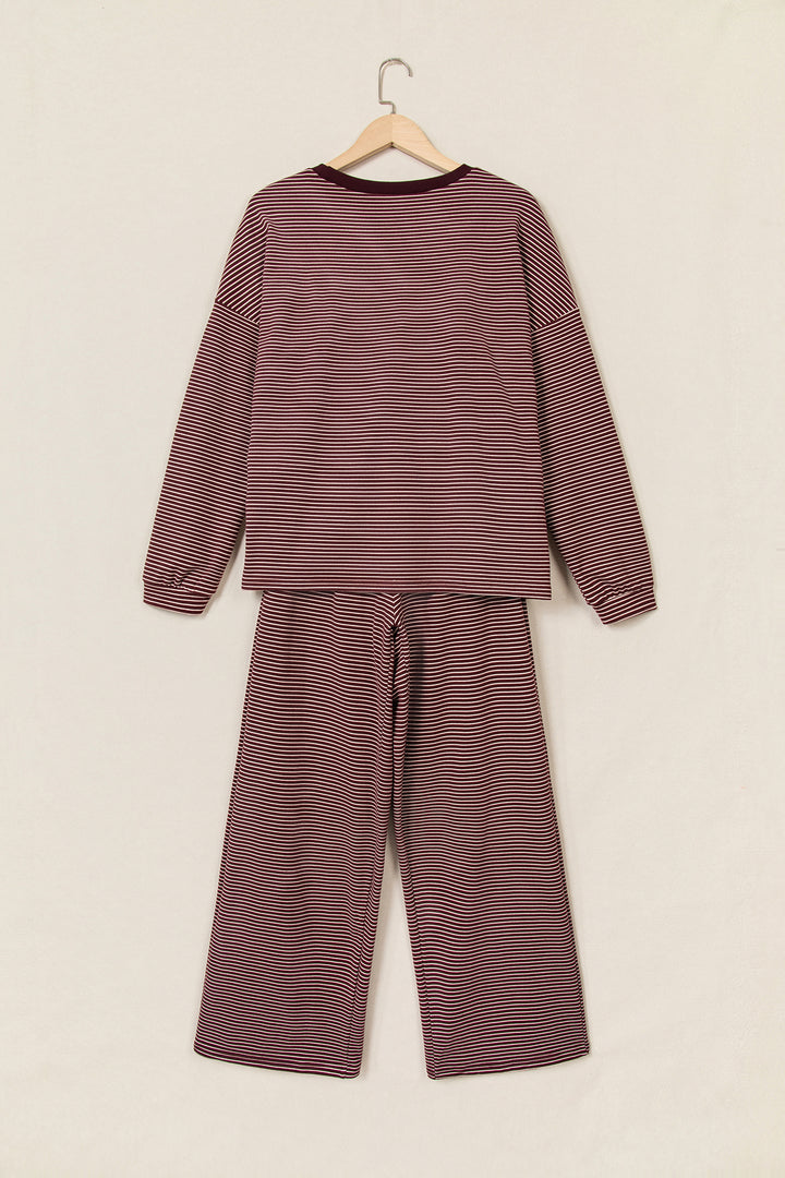 Brown Stripe Contrast Trim Round Neck Oversize Long Sleeve Top 2pcs Pant Set