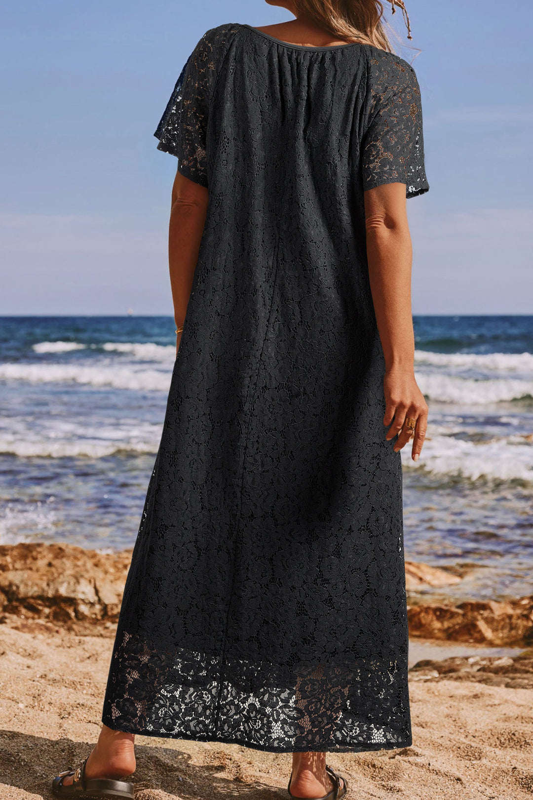 Black Floral Lace Overlay Tassel Tie Short Sleeve Beach Vacation Loose Maxi Dress