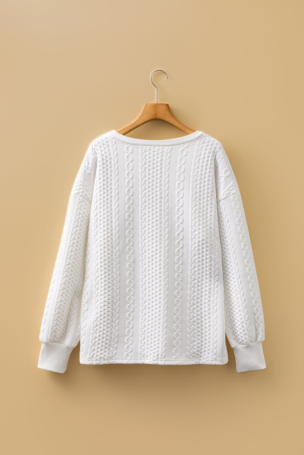 White Solid Color Textured V Neck Drop Shoulder Knit Top