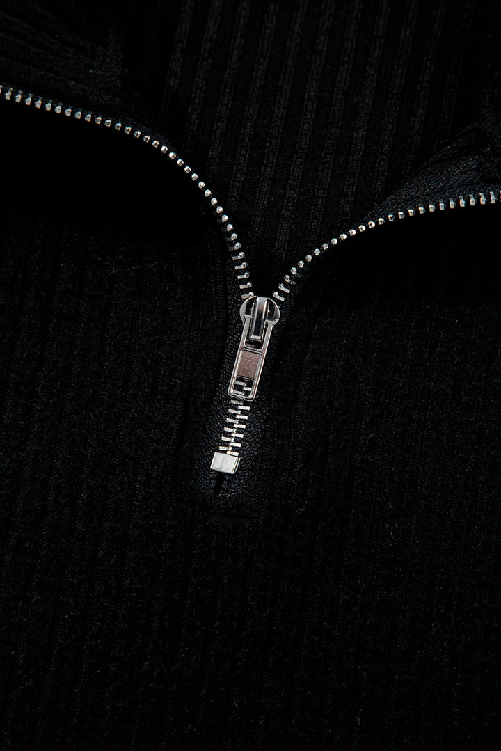 Black Ribbed Zip Stand Neck Drop Shoulder Pullover Bodycon Skirt 2pcs Set