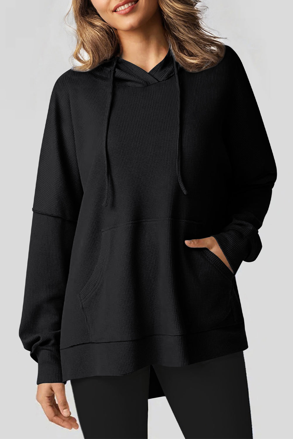 Black Waffle Knit Fleece Lined High Low Oversized Hoodie