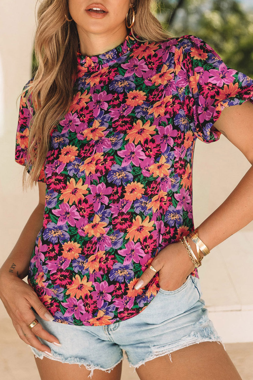 Multicolor Floral Print Round Neck Puff Sleeve Blouse