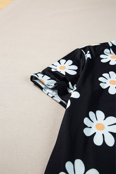 Black Daisy Printed Crewneck T Shirt