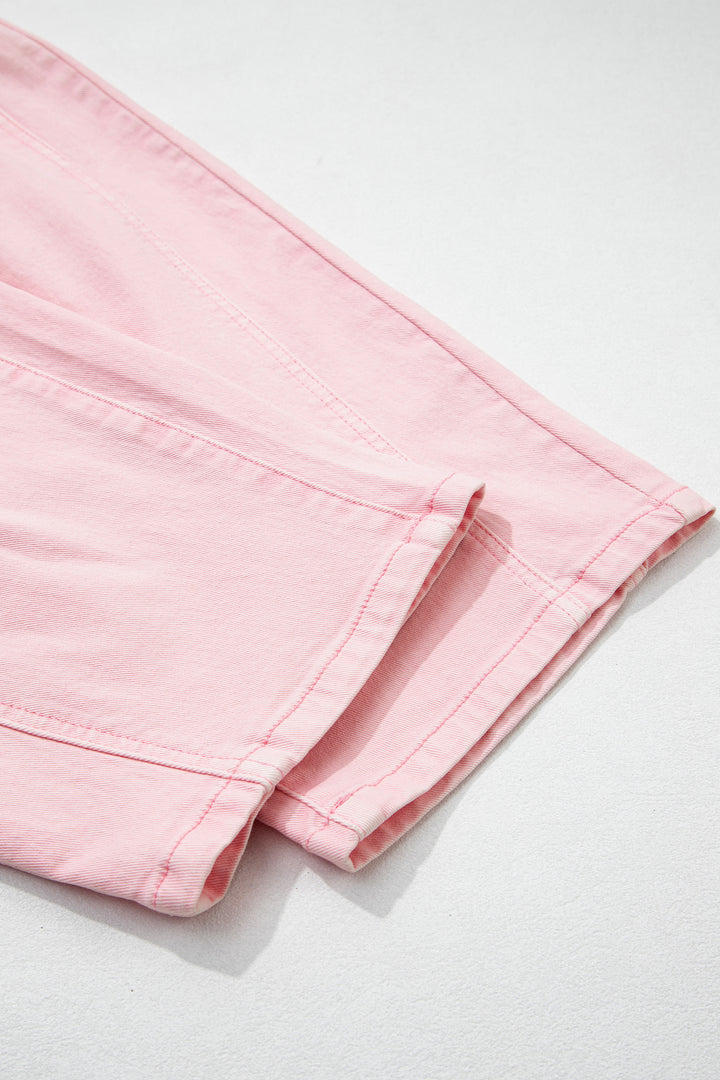 Light Pink Solid Color Grommet Detail Knot Waist Barrel Jeans