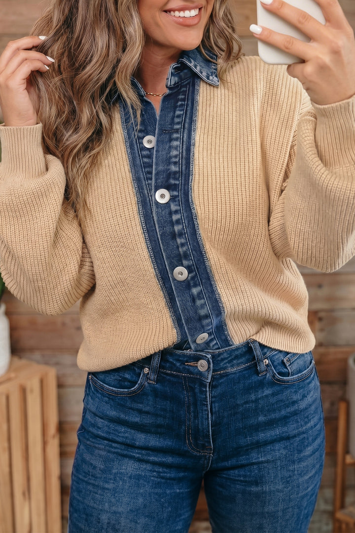 Parchment Drop Shoulder Placket Paneling Shirt Collar Long Sleeve Cardigan