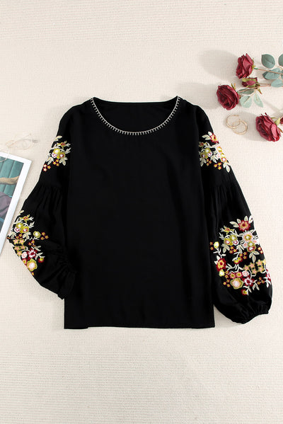 Black Floral Embroidery Long Sleeve Top