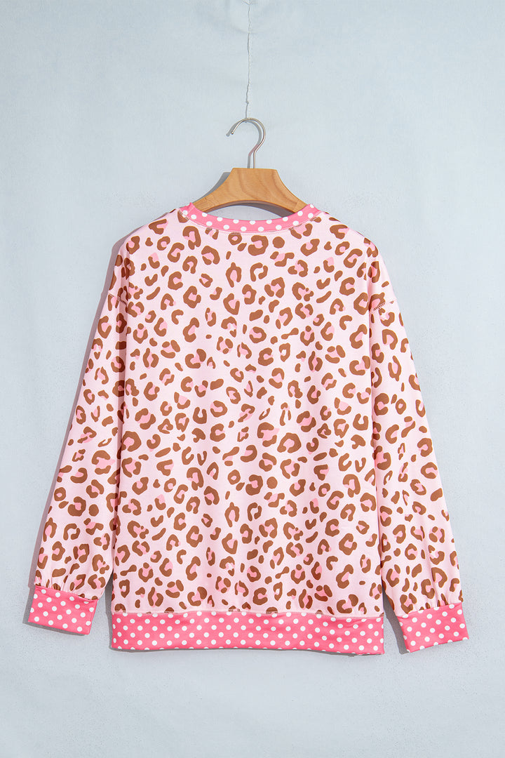 Khaki Leopard Polka Dot Colorblock Trim Long Sleeve Top