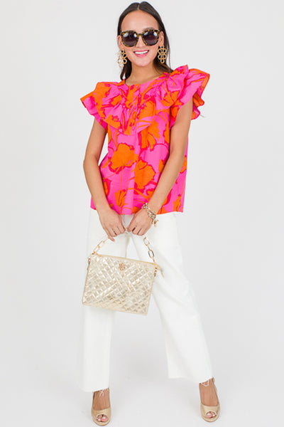 Rose Floral Ruffled Trim Flutter Sleeve Summer Top