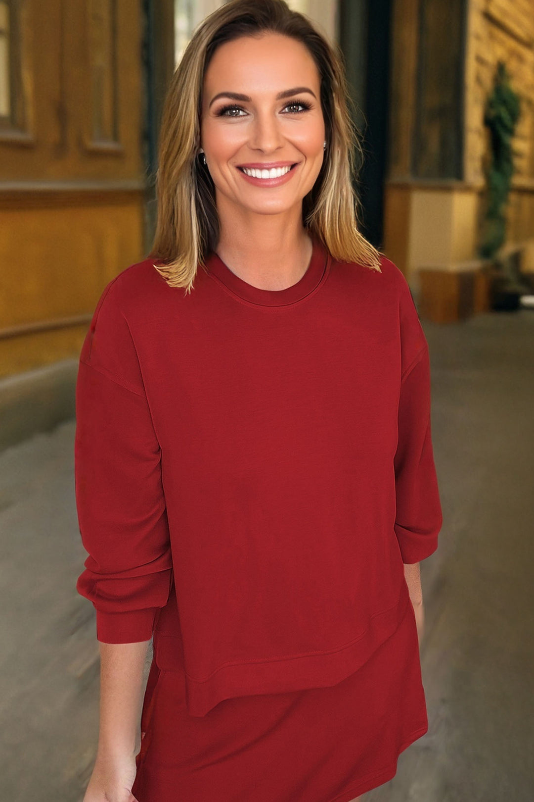 Jet Stream Solid Color Drop Shoulder Pullover Drawstring Mini Skirt 2pcs Outfit