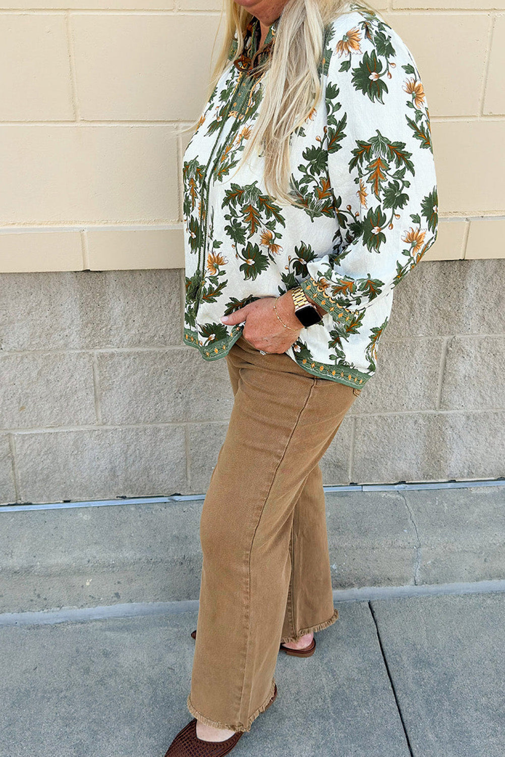 Green Plus Size Floral Printed Contrast Patchwork Detail Tassel Tie 3/4 Sleeve Blouse