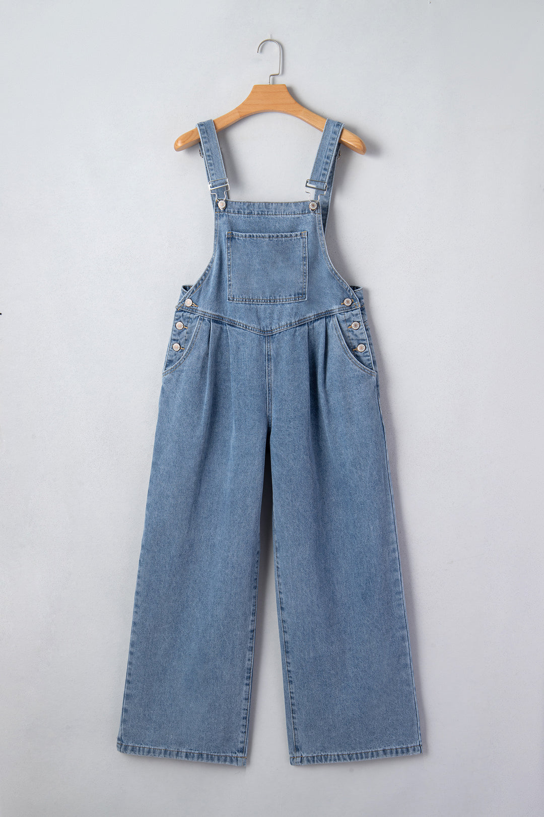 Dusk Blue Pleated Wide Leg Retro Pocketed Denim Jumpsuit