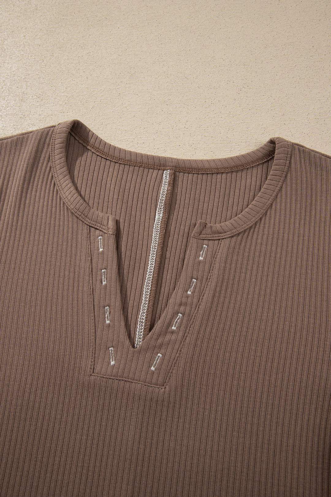 Dark Khaki V Neck Ribbed Stitched Detail Long Sleeve Top