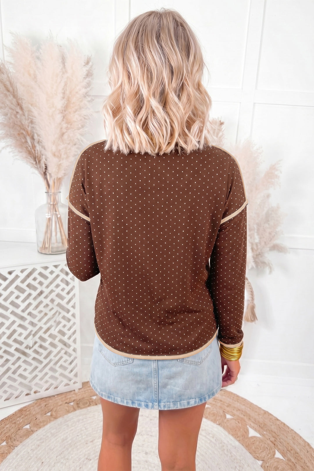 Brown Contrast Trim Long Sleeve Polka Dot Shift Pullover Top
