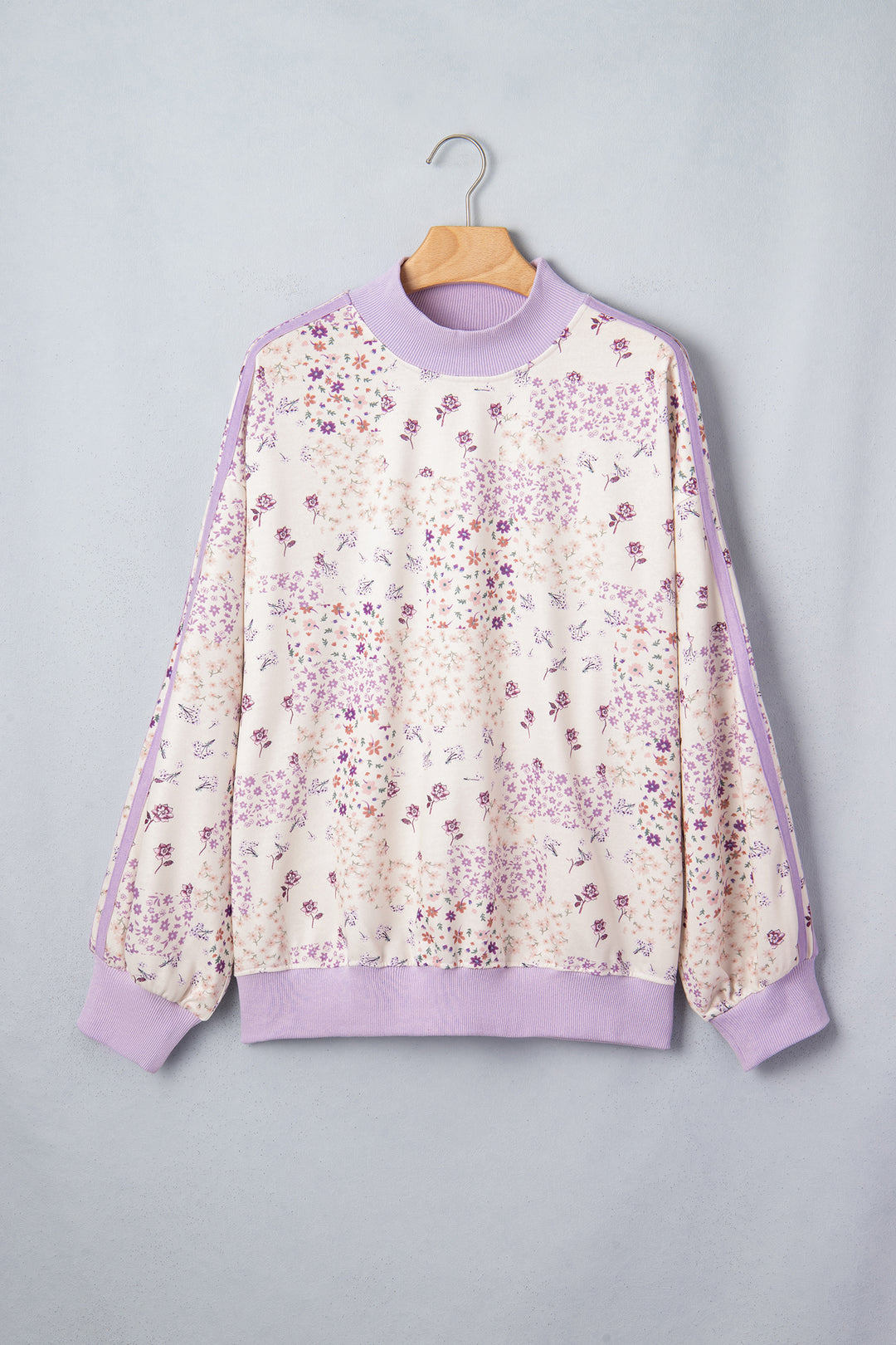 Purple Floral Print High Neck Colorblock Sleeve Paneling Sweatshirt
