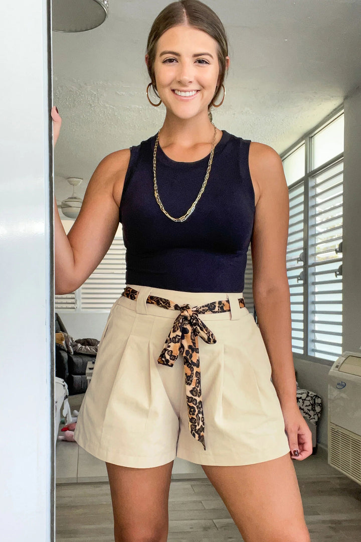 Bright Pink Leopard Contrast Sash Belt Pleated Wide Leg Shorts