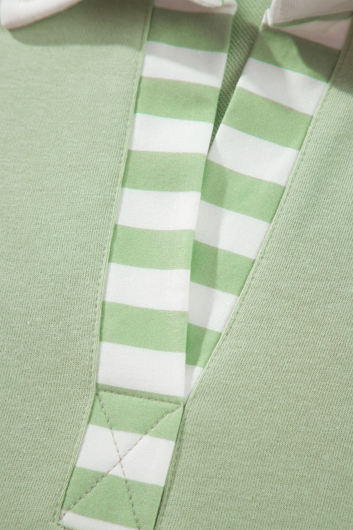 Smoke Green Striped Color Block Pullover Top Drawstring Shorts Set