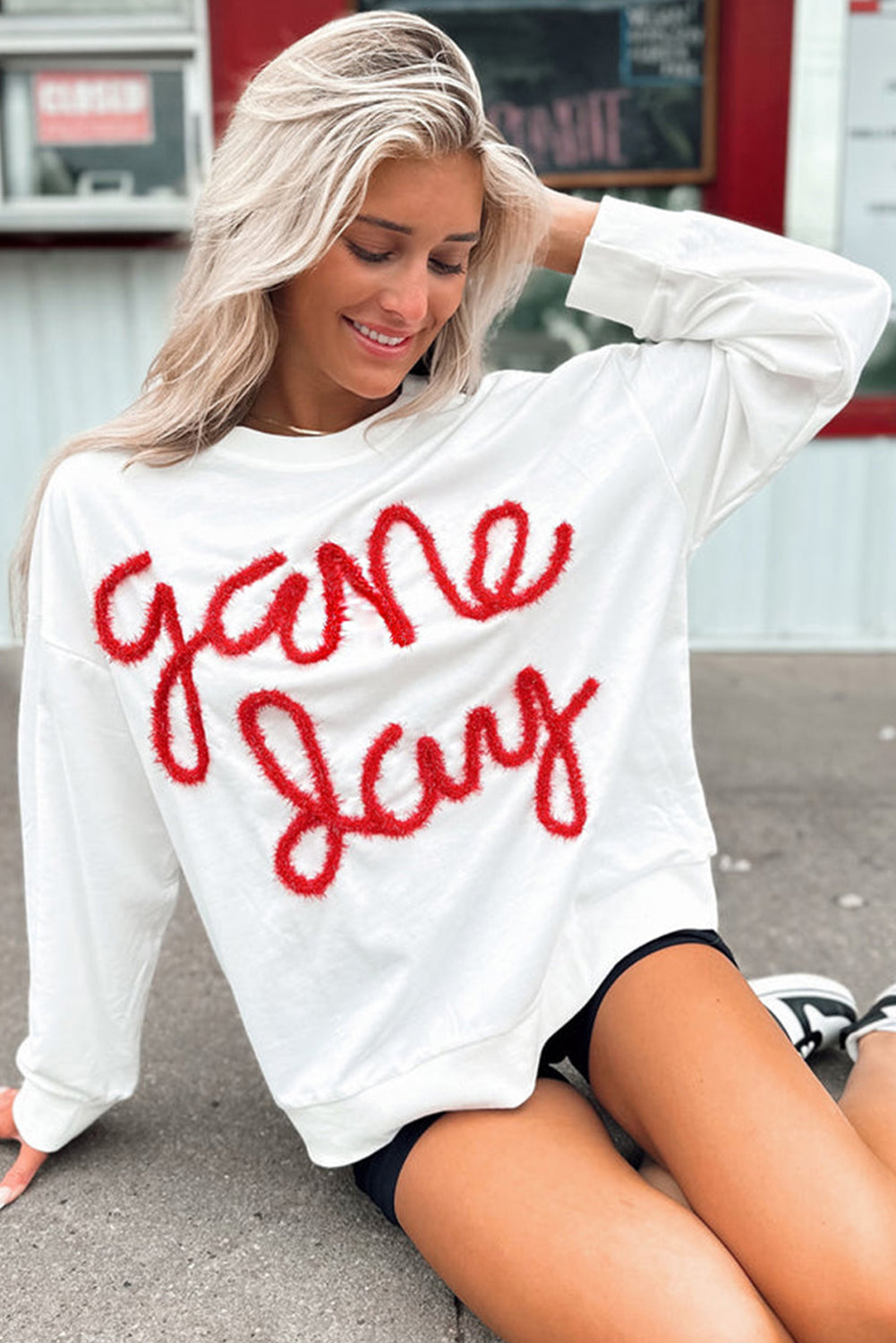 White Tinsel Game Day Drop Shoulder Graphic Sweatshirt