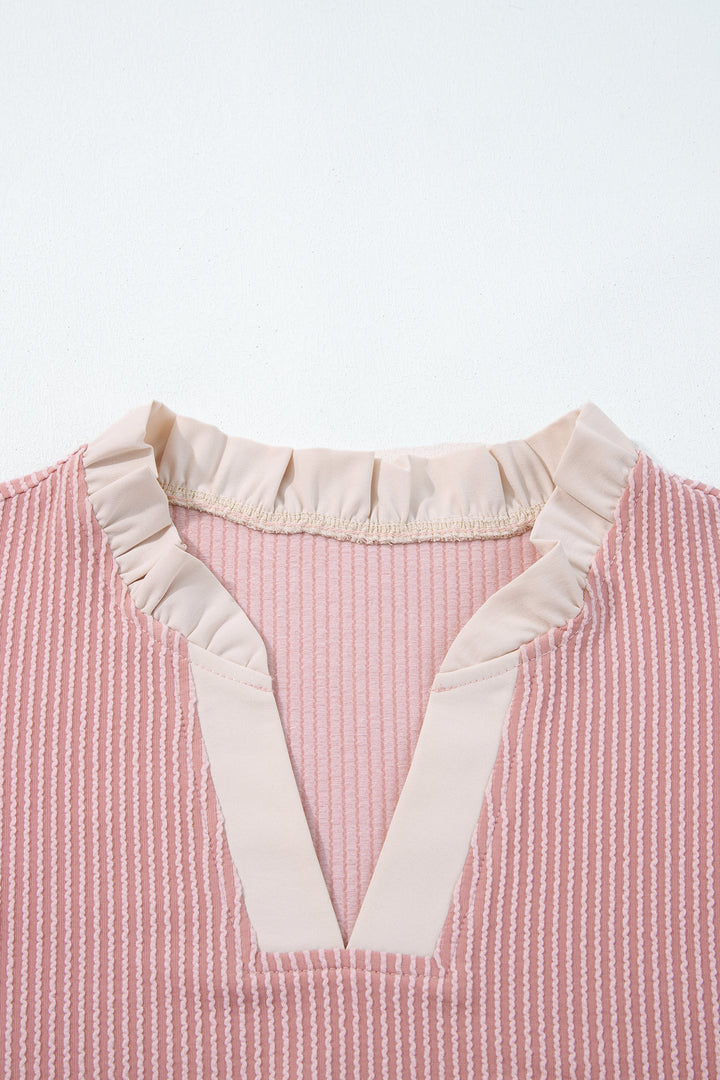 Fushia Plus Size Contrast Frilled Neckline Ruffled Short Sleeve Ribbed Textured Blouse