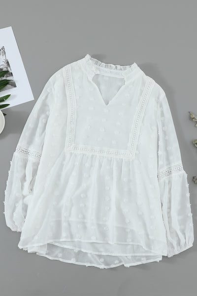 White Swiss Dot Split Neck Ruffle Babydoll Blouse