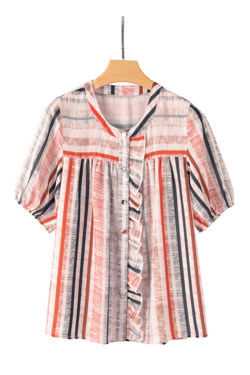 Khaki Stripe Multicolor Frilled Short Sleeve Shirt