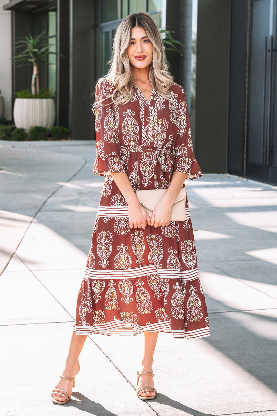 Brown Floral Print Belted Striped Trim Tiered Maxi Dress
