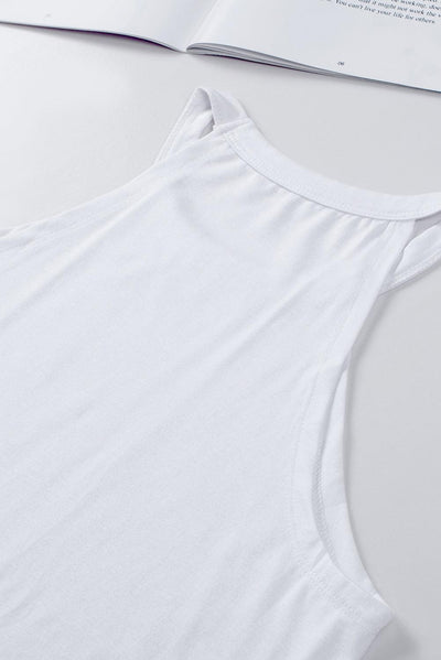 Back neckline detail of white crew neck tank top