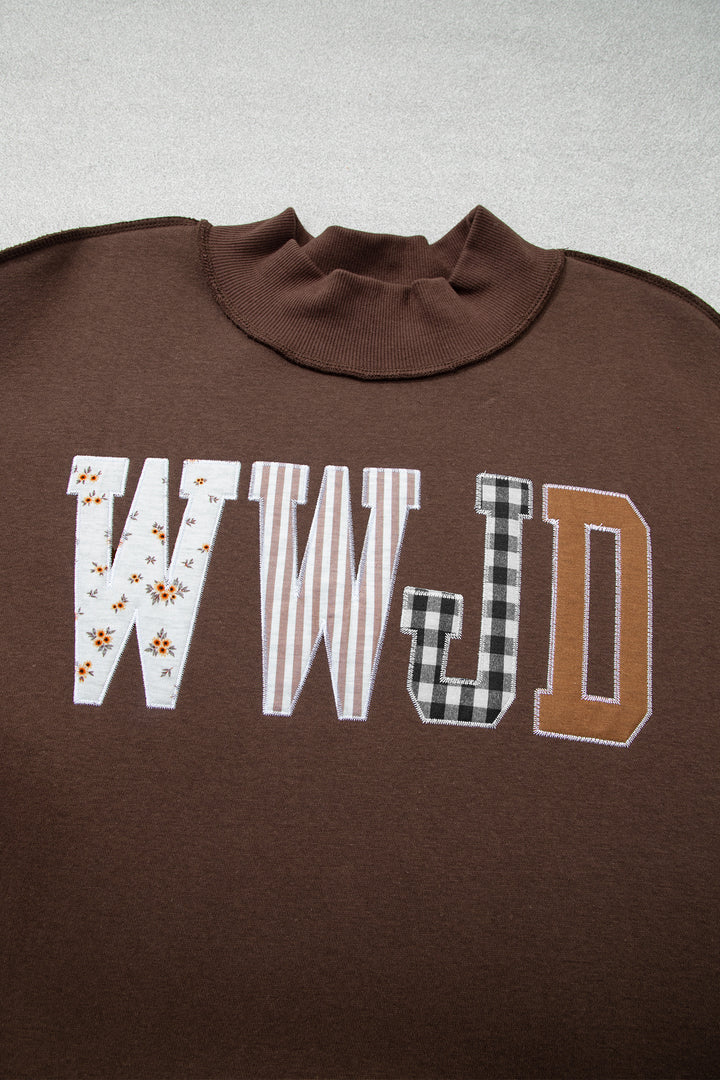 Coffee WWJD Mix Pattern Letter Graphic Exposed Seam Loose Plus Size Sweatshirt
