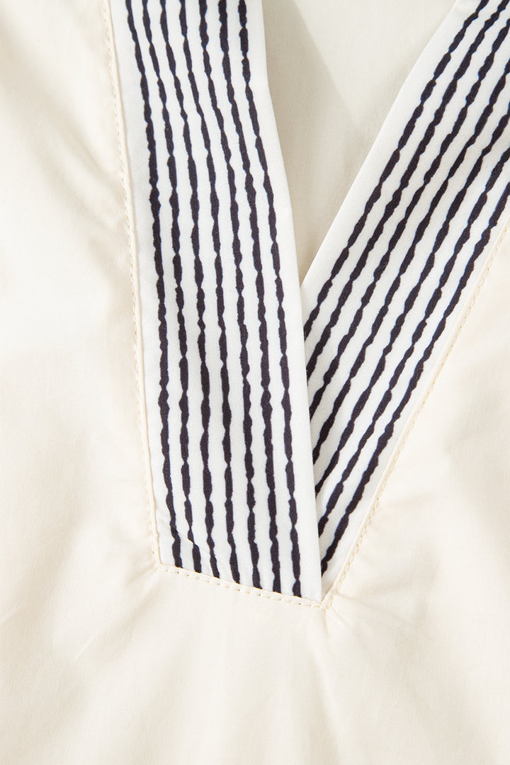 White Floral Puff Sleeve Contrast V Neck Patchwork Blouse