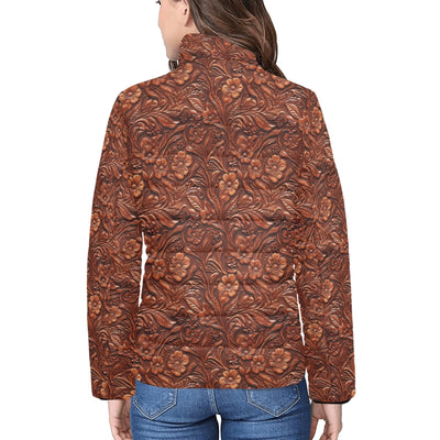 Tooled Leather Print Puffy Bomber Jacket